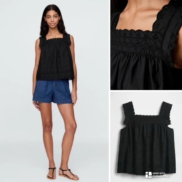 GAP X Doen Black Sleeveless Eyelet Top - Picture 1 of 15